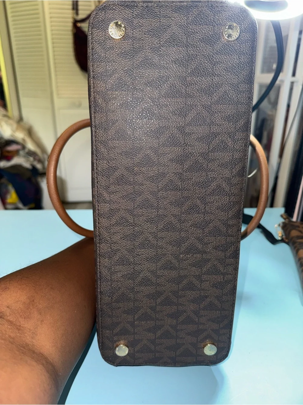 Michael Kors Brown Signature Satchel with Tan Handles and Trim